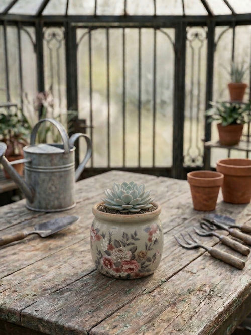 Pot à fleurs décoratif style shabby chic aux tons doux et patinés, idéal pour une décoration de charme romantique et élégante, ambiance maison de campagne ancienne et poétique