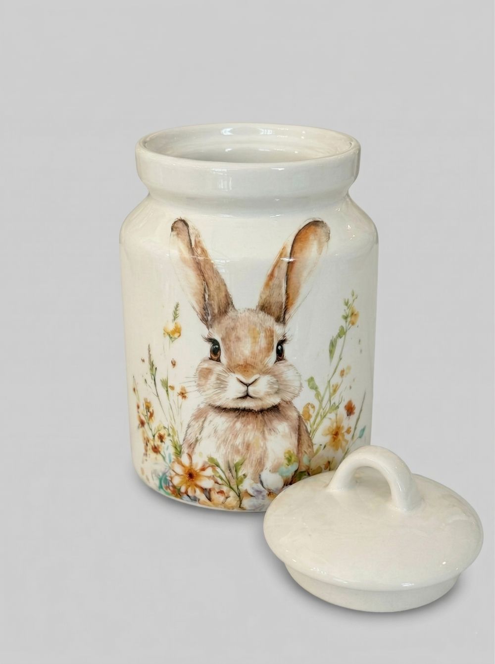 Pot hermétique en faïence blanc avec illustration de lapin et fleurs style décoration romantique shabby chic ambiance printanière