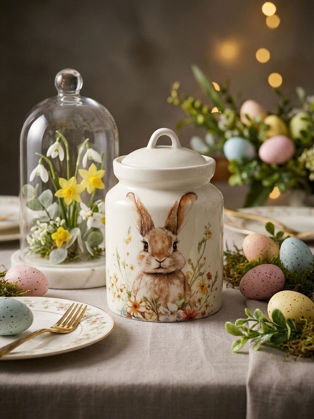 Pot hermétique en faïence blanc avec illustration de lapin et fleurs style décoration romantique shabby chic ambiance printanière
