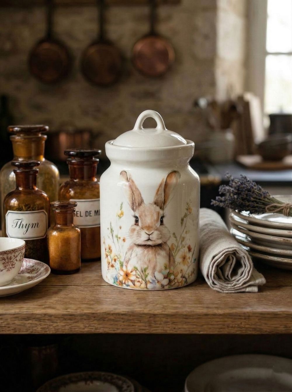 Pot hermétique en faïence blanc avec illustration de lapin et fleurs style décoration romantique shabby chic ambiance printanière