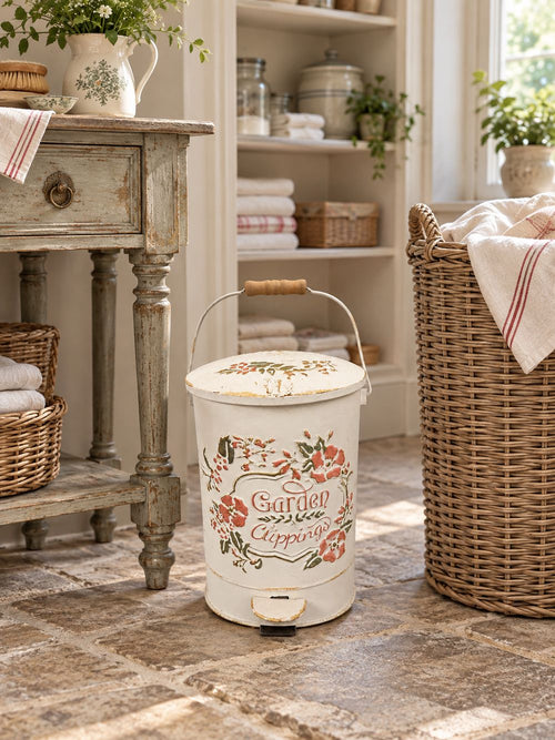Poubelle à pédale en métal ivoire patiné avec fleurs roses et vertes, style shabby chic et maison de campagne