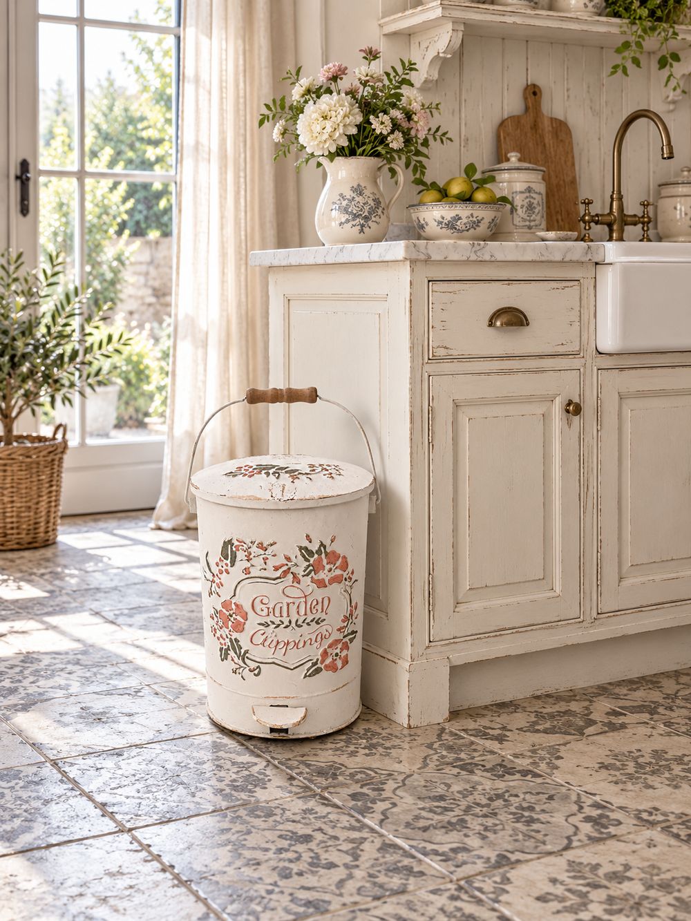 Poubelle à pédale en métal ivoire patiné avec fleurs roses et vertes, style shabby chic et maison de campagne