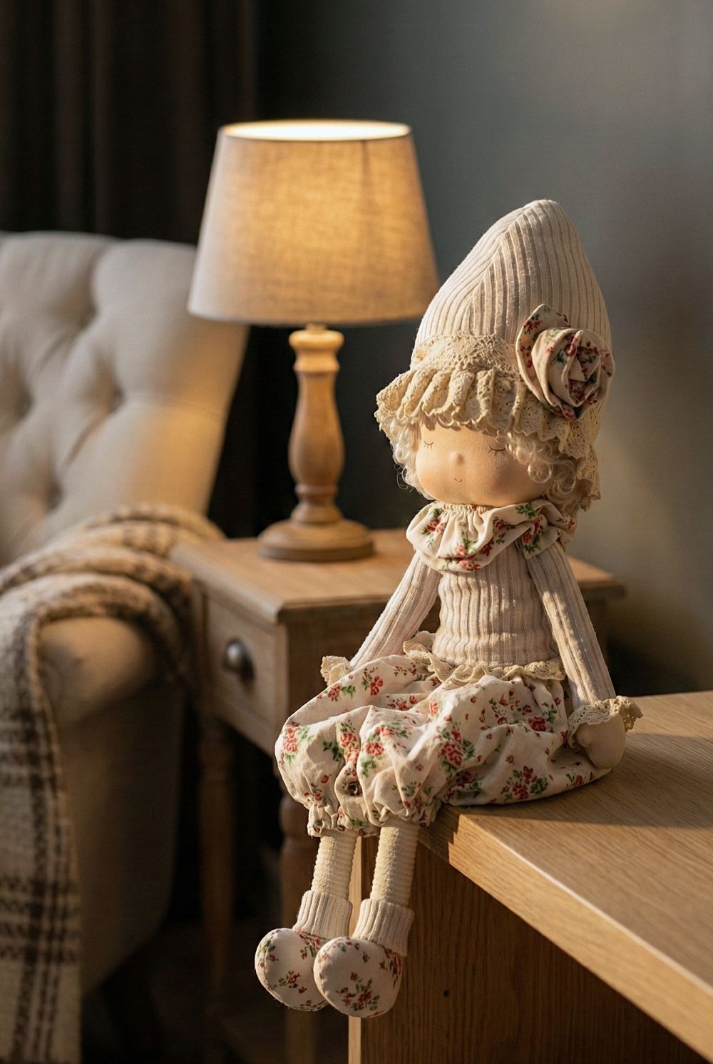 Poupée décorative bohème Liberty 45 cm en tissu beige et écru à motif floral rouge, style décoration romantique shabby chic, assise avec longues jambes souples dans une ambiance maison de charme.