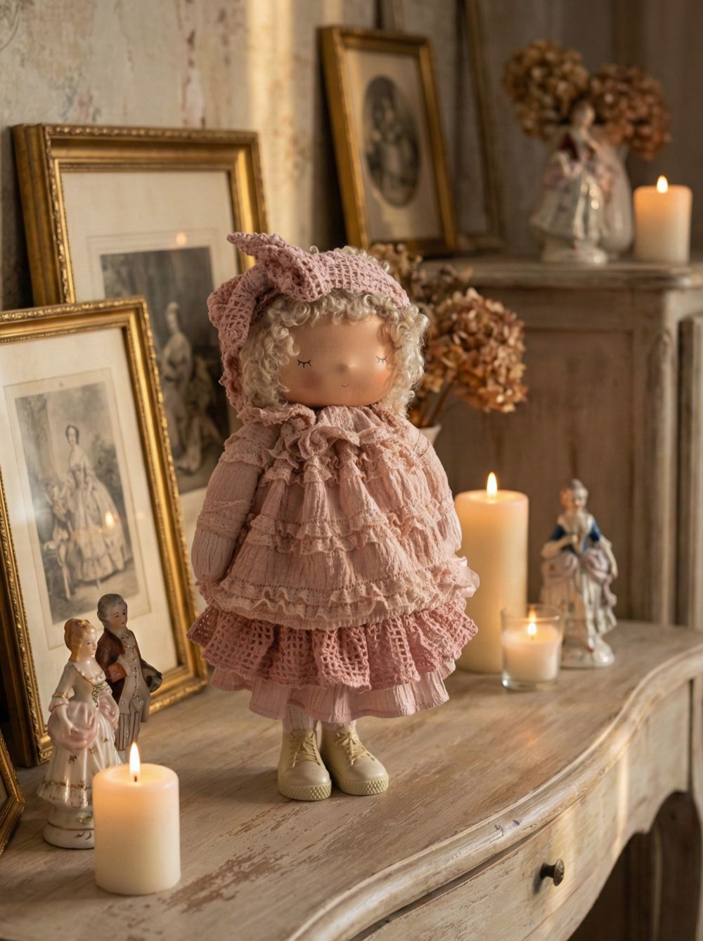 Poupée décorative froufrou rose poudré de 40 cm, figurine romantique shabby chic en tissu, ambiance poétique et décoration de charme