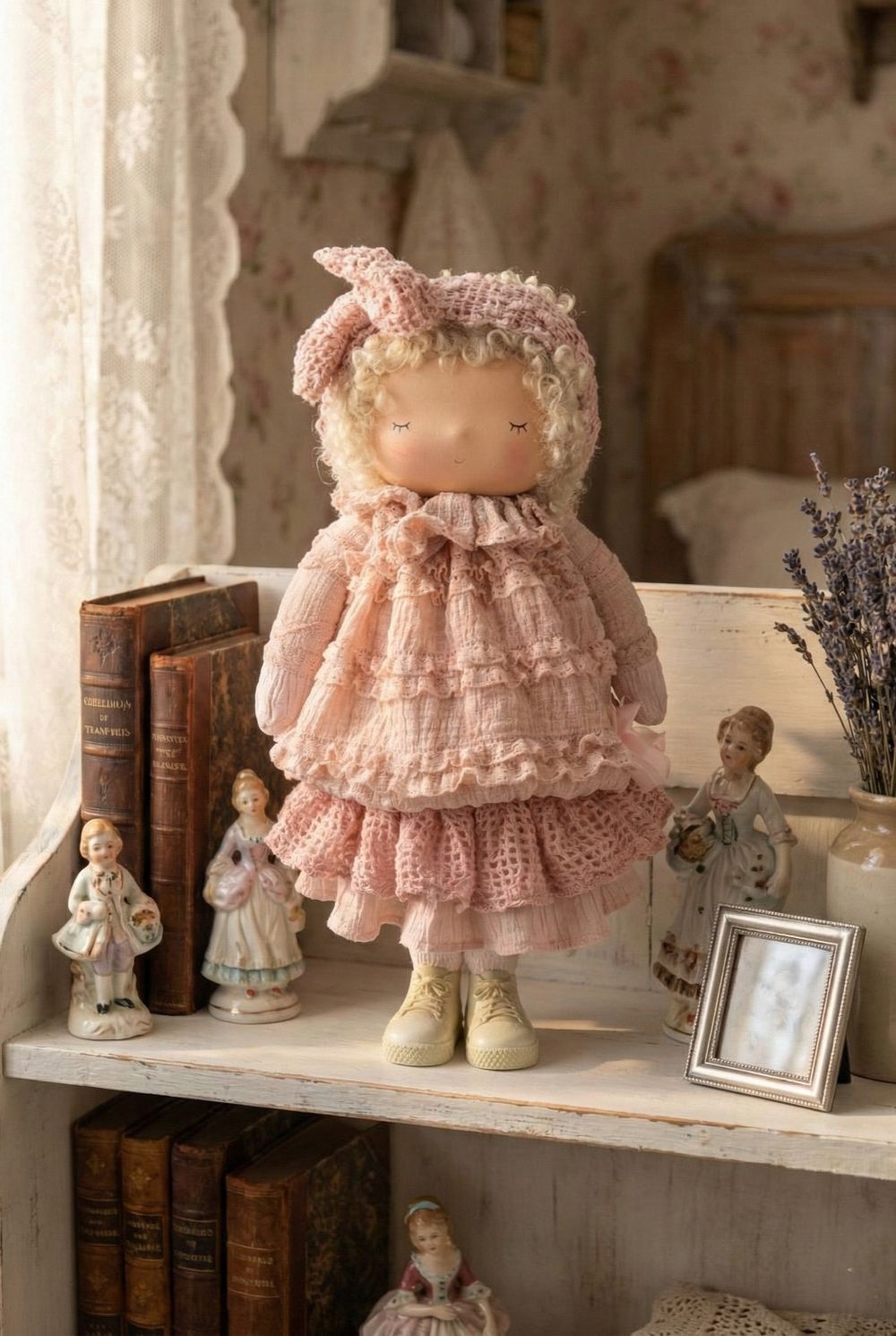 Poupée décorative froufrou rose poudré de 40 cm, figurine romantique shabby chic en tissu, ambiance poétique et décoration de charme