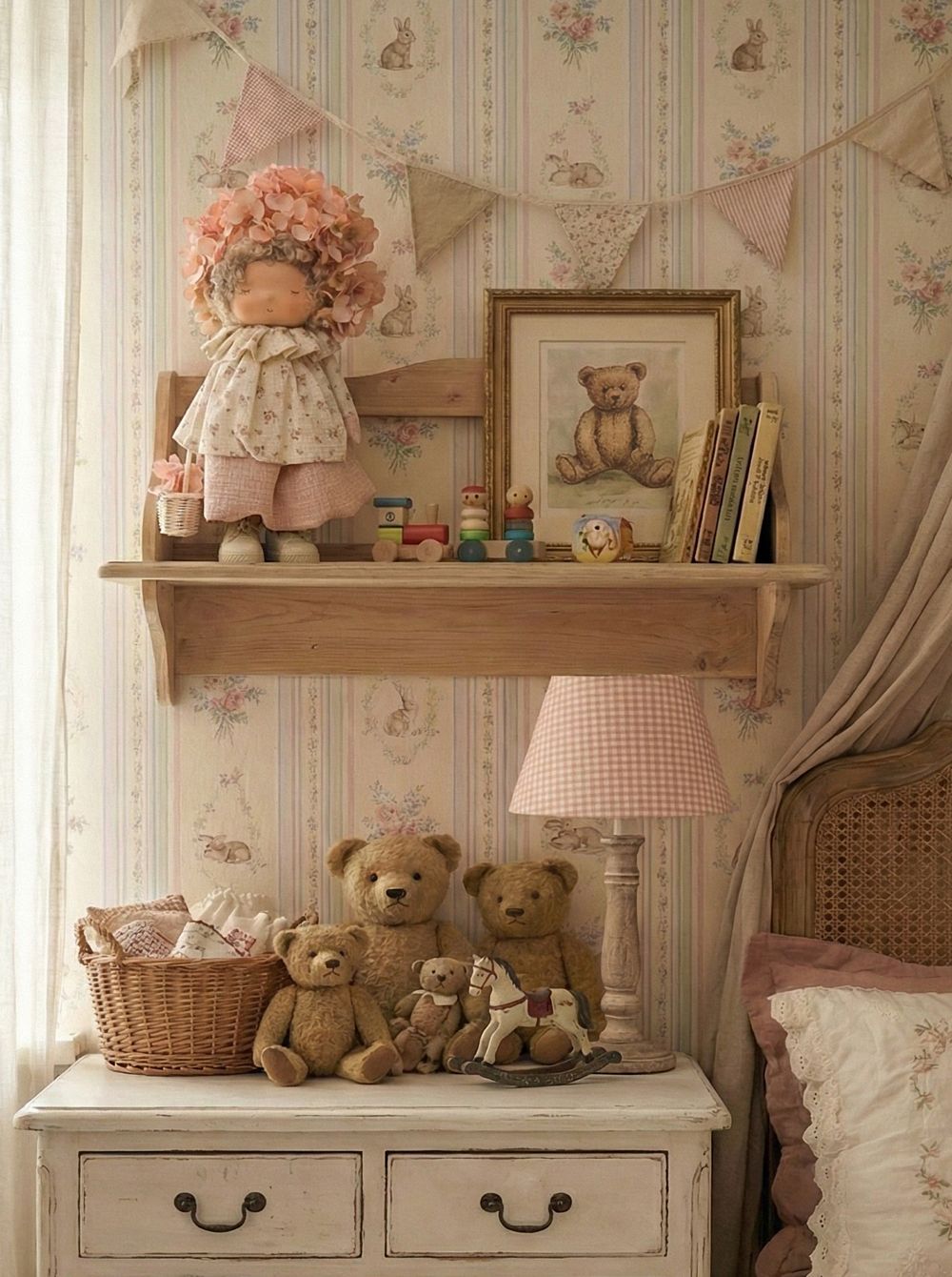 Poupée décorative Hortensia 35 cm rose poudré ivoire et mauve, figurine personnage style shabby chic romantique, ambiance poétique et florale pour décoration de charme