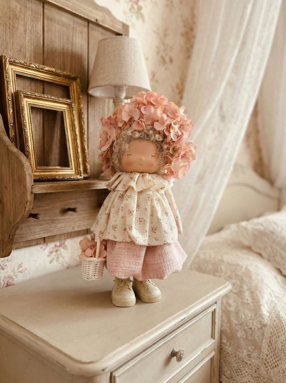 Poupée décorative Hortensia 35 cm rose poudré ivoire et mauve, figurine personnage style shabby chic romantique, ambiance poétique et florale pour décoration de charme