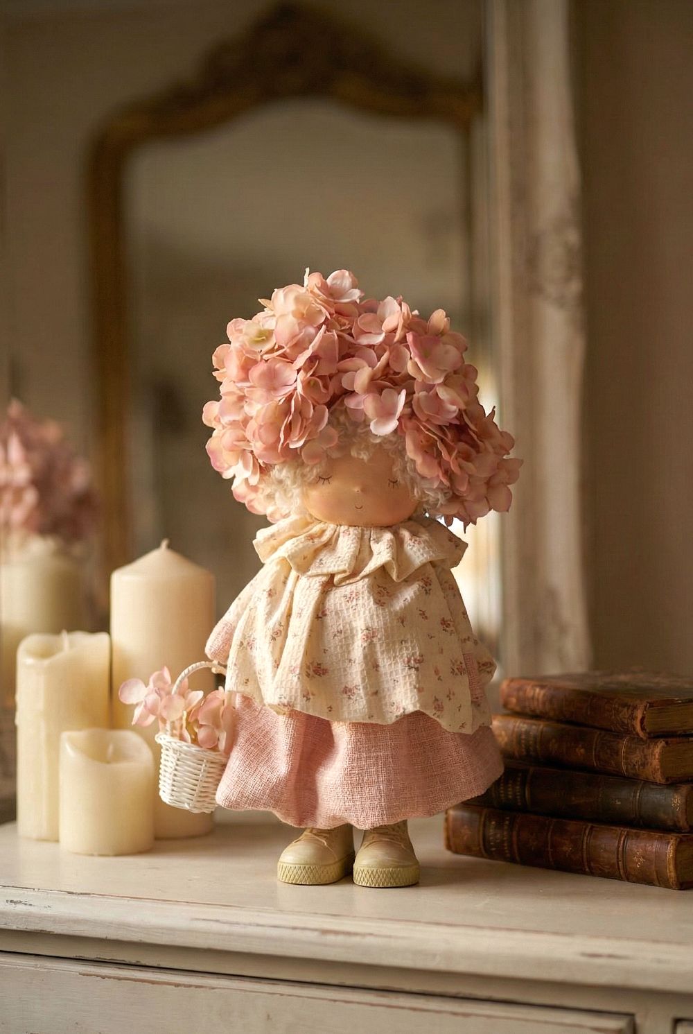 Poupée décorative Hortensia 35 cm rose poudré ivoire et mauve, figurine personnage style shabby chic romantique, ambiance poétique et florale pour décoration de charme