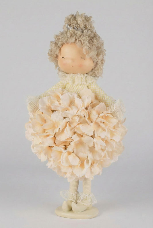 Poupée décorative 38 cm Hortensia Saumon avec robe fleurie en teinte saumon poudré, style romantique shabby chic et ambiance poétique féérique pour décoration de charme