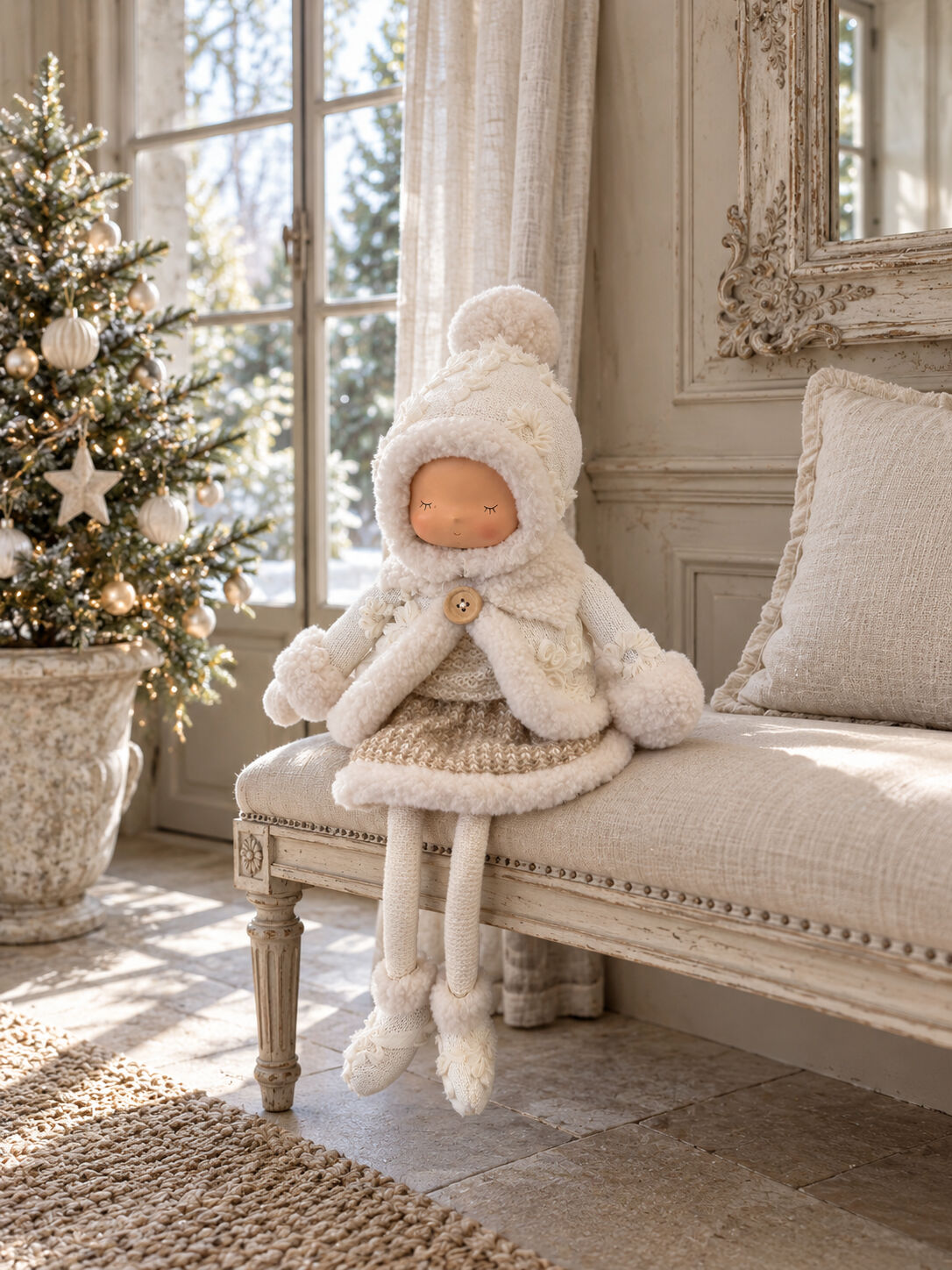 Grande poupée décorative d’hiver écrue et beige avec bonnet, tenue douillette et longues jambes, assise sur un meuble dans une ambiance shabby chic romantique