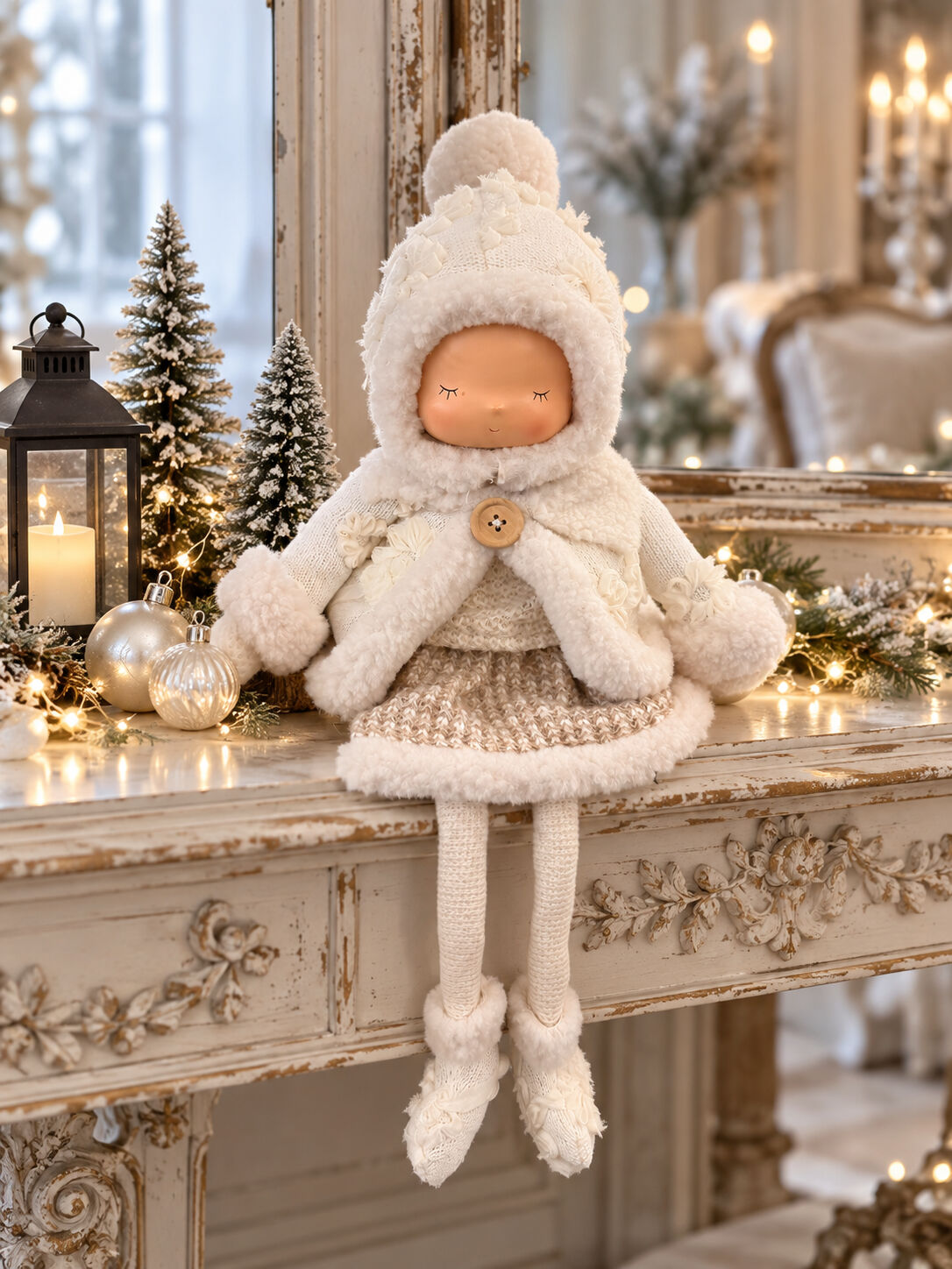 Grande poupée décorative d’hiver écrue et beige avec bonnet, tenue douillette et longues jambes, assise sur un meuble dans une ambiance shabby chic romantique