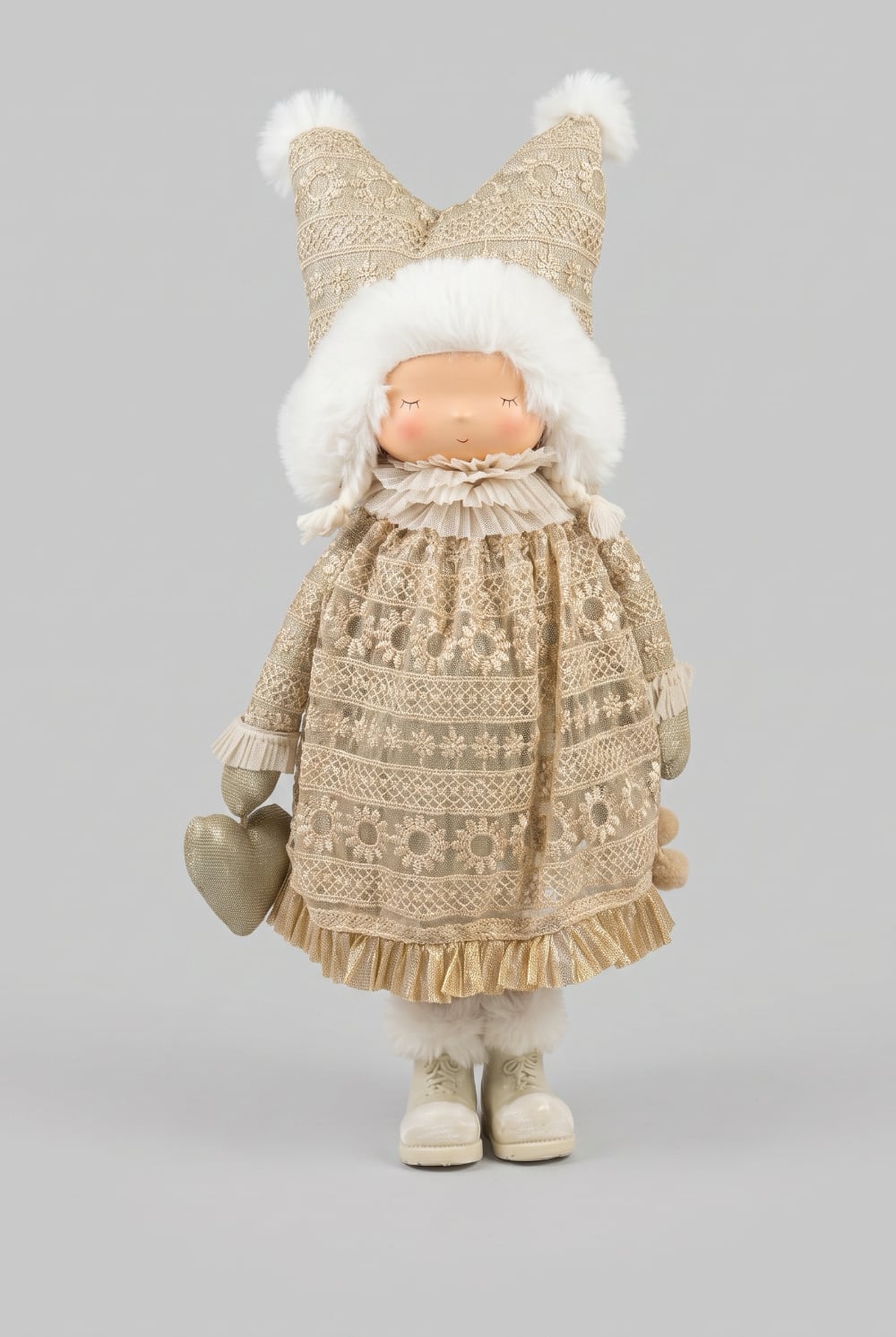 Poupée lutine décorative crème et dorée avec bonnet à pompons, style romantique et féérique pour décoration de Noël