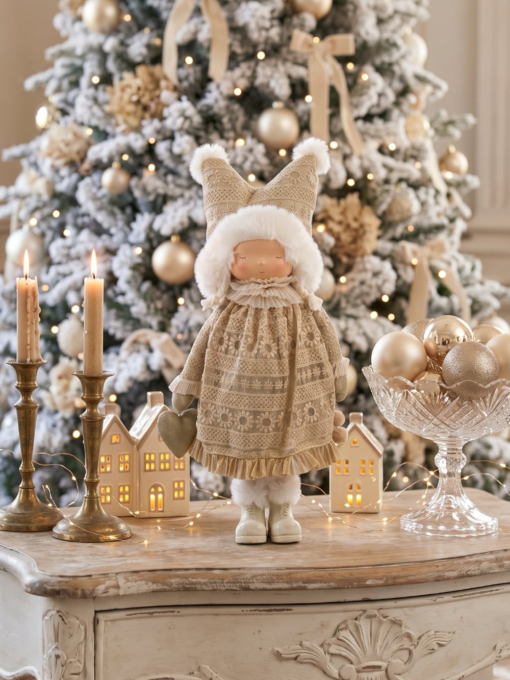 Poupée lutine décorative crème et dorée avec bonnet à pompons, style romantique et féérique pour décoration de Noël