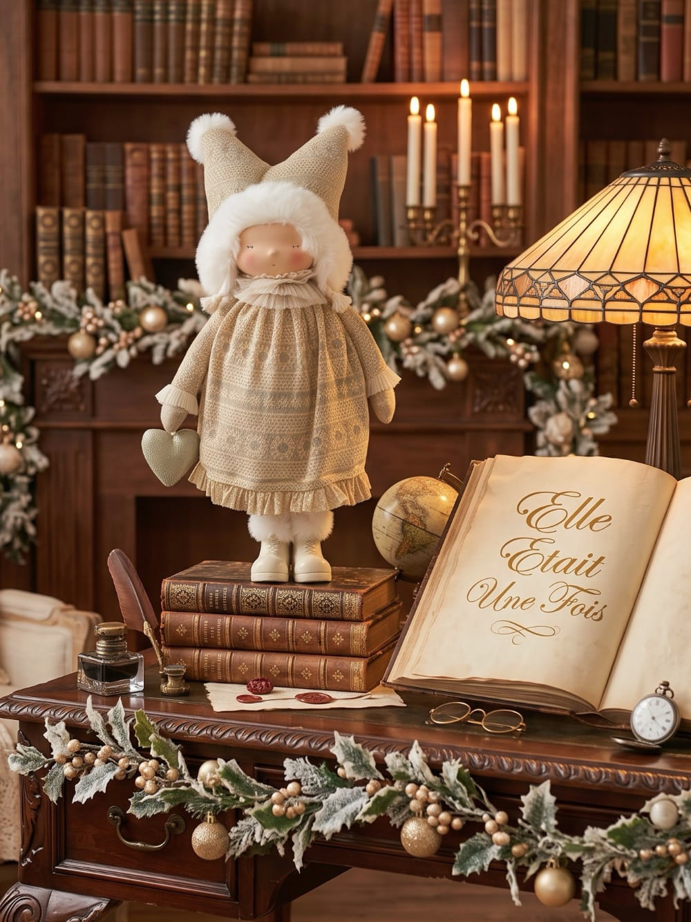 Poupée lutine décorative crème et dorée avec bonnet à pompons, style romantique et féérique pour décoration de Noël