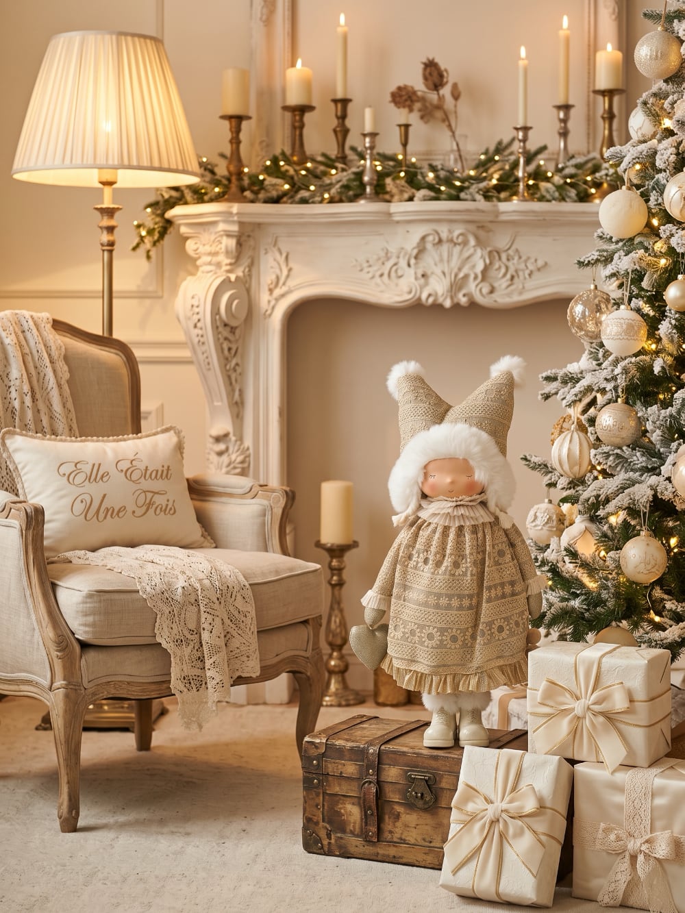 Poupée lutine décorative crème et dorée avec bonnet à pompons, style romantique et féérique pour décoration de Noël