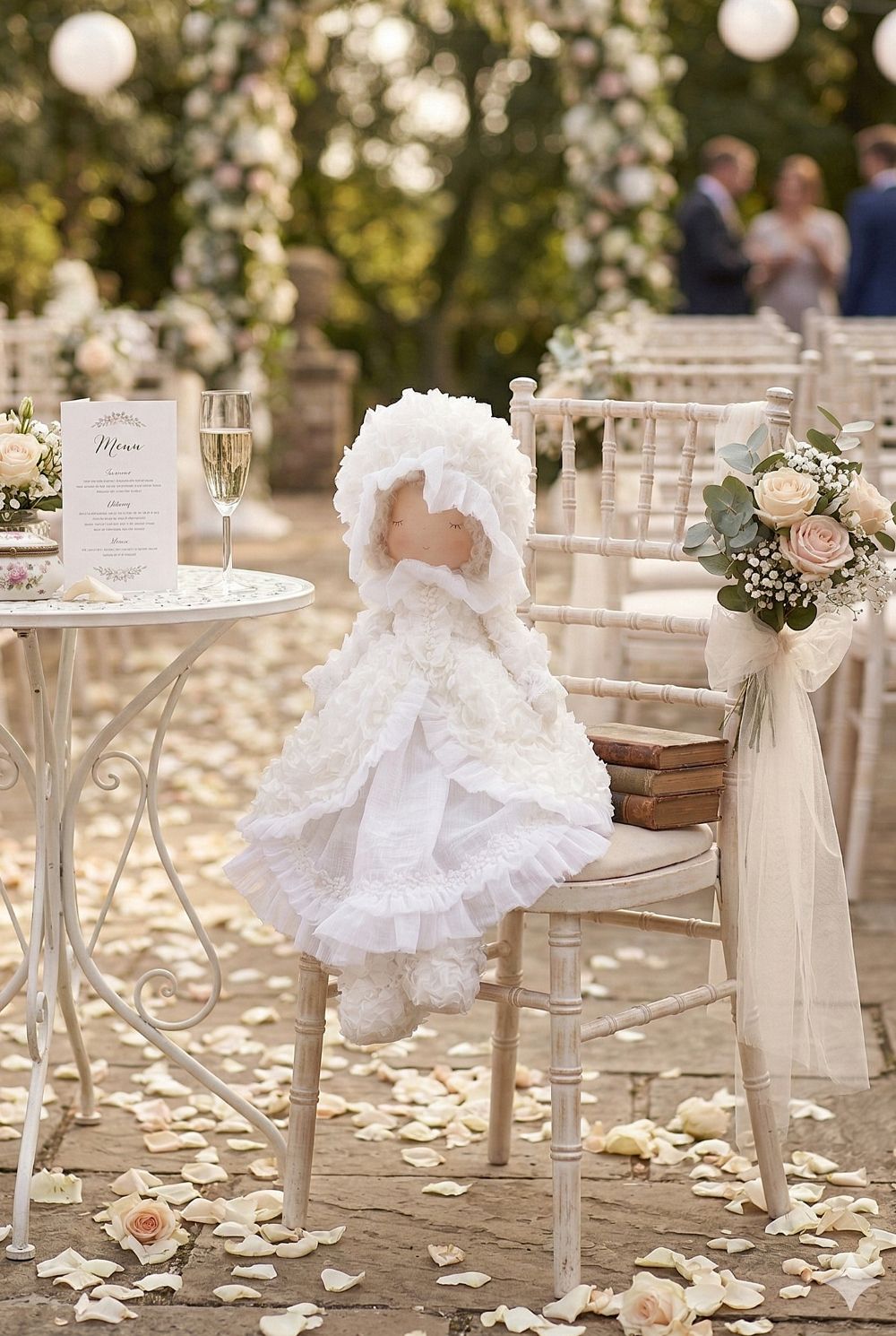 Poupée décorative mariée shabby chic en robe ivoire à volants et dentelle, figurine romantique et poétique pour décoration de charme