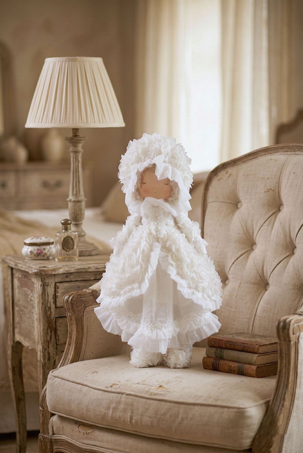 Poupée décorative mariée shabby chic en robe ivoire à volants et dentelle, figurine romantique et poétique pour décoration de charme