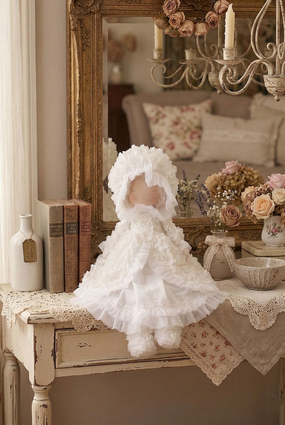 Poupée décorative mariée shabby chic en robe ivoire à volants et dentelle, figurine romantique et poétique pour décoration de charme