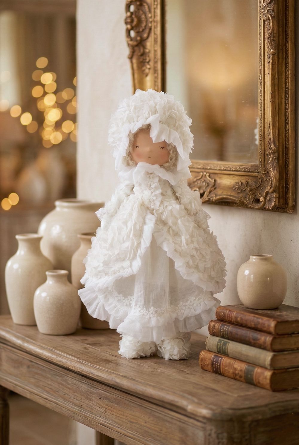 Poupée décorative mariée shabby chic en robe ivoire à volants et dentelle, figurine romantique et poétique pour décoration de charme