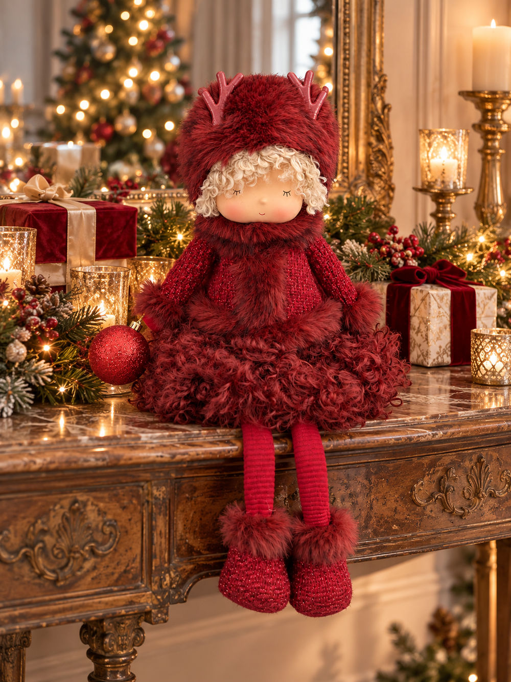 Demoiselle Bordeaux assise sur une console patinée, poupée de Noël bordeaux de 52 cm tenant une boule rouge