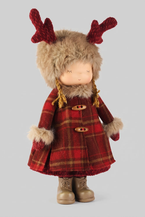 Poupée décorative de Noël avec bonnet à bois de renne, manteau à carreaux rouges et fausse fourrure, idéale pour une décoration féérique et chaleureuse