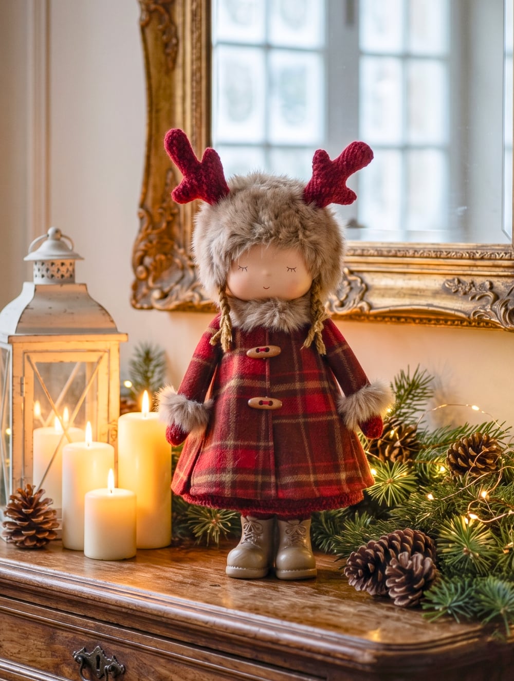 Poupée décorative de Noël avec bonnet à bois de renne, manteau à carreaux rouges et fausse fourrure, idéale pour une décoration féérique et chaleureuse