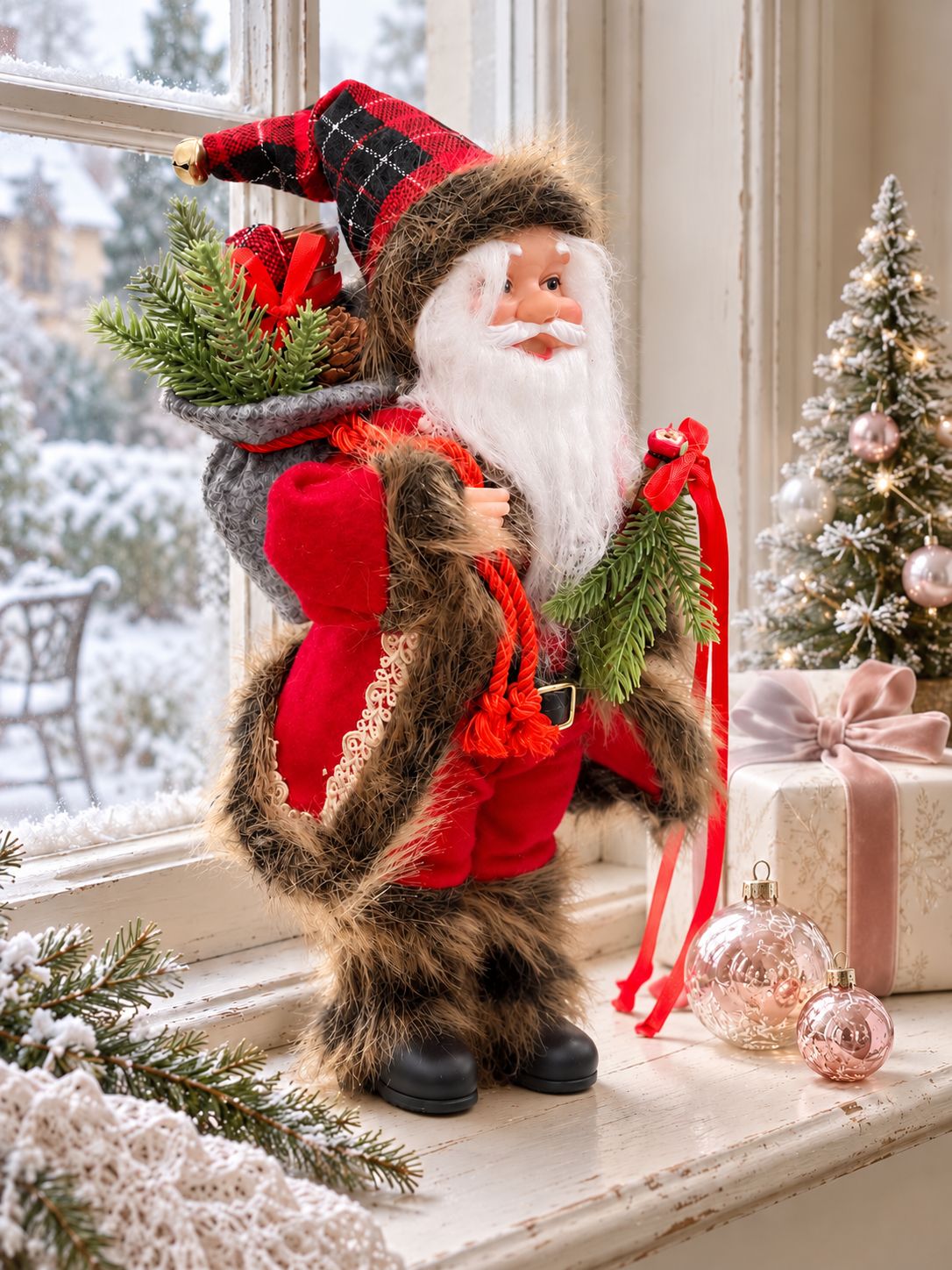 Poupée Père Noël Tradition près d’une fenêtre hivernale, accompagnée d’un cadeau et de boules roses.