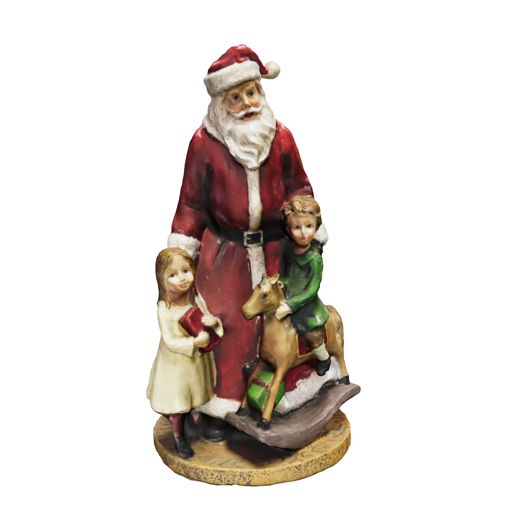 Figurine décorative de Noël représentant un Père Noël avec deux enfants, couleurs rouge blanc et vert, style romantique et féérique, hauteur 20 cm