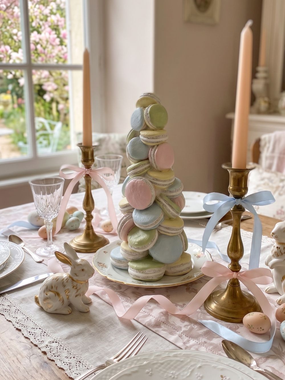 Pyramide décorative composée de macarons pastel roses, bleus, verts et jaunes, idéale pour une décoration romantique, gourmande et féérique de style shabby chic