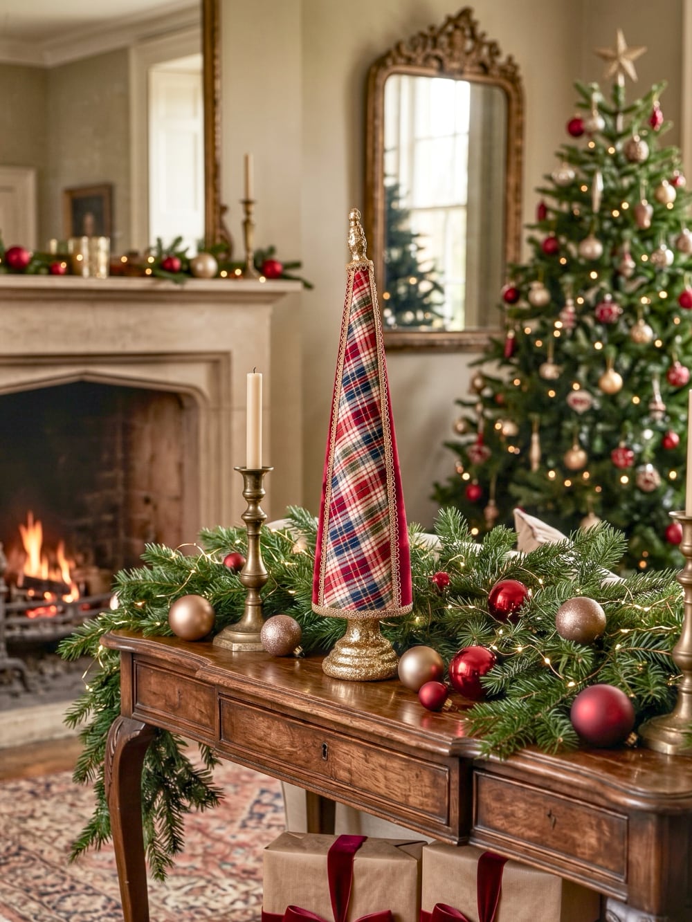 Sapin conique décoratif de Noël en tartan rouge et beige avec tissu rouge et finitions dorées, hauteur 61 cm
