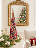 Sapin conique décoratif de Noël en tartan rouge et beige avec tissu rouge et finitions dorées, hauteur 61 cm