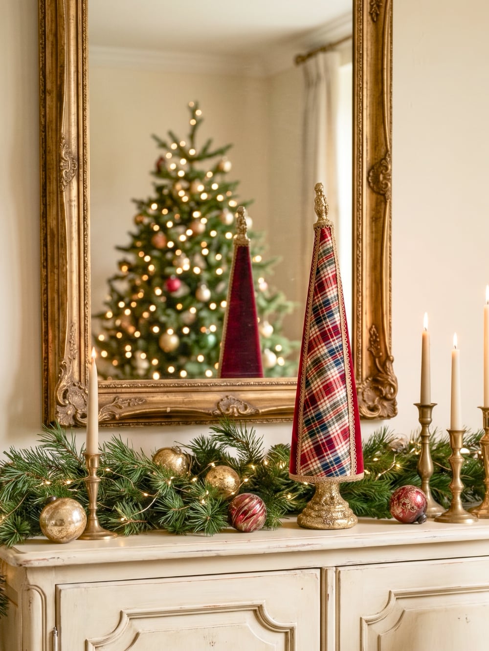 Sapin conique décoratif de Noël en tartan rouge et beige avec tissu rouge et finitions dorées, hauteur 61 cm