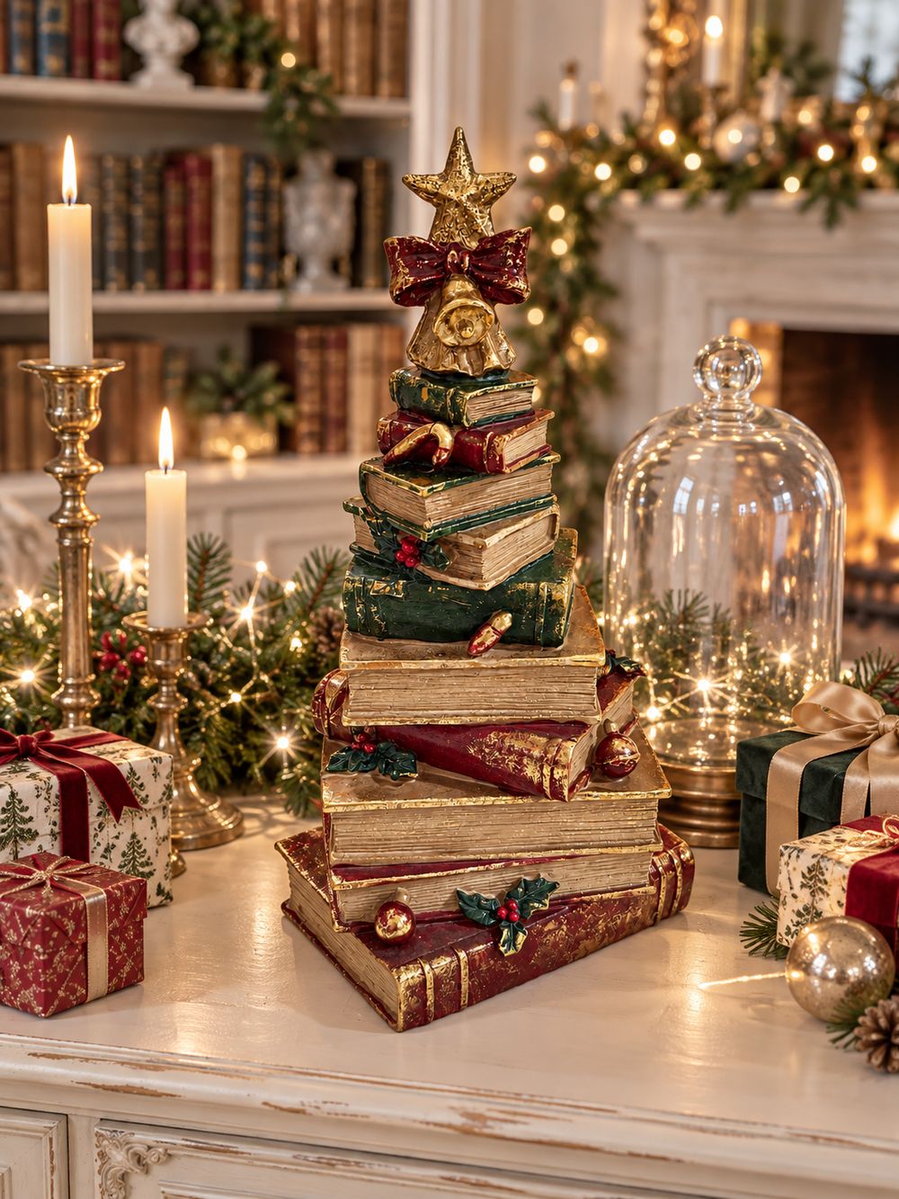 Figurine sapin de Noël composée de livres empilés rouges, verts et dorés, surmontée d’une étoile, décoration vintage et féérique à poser.