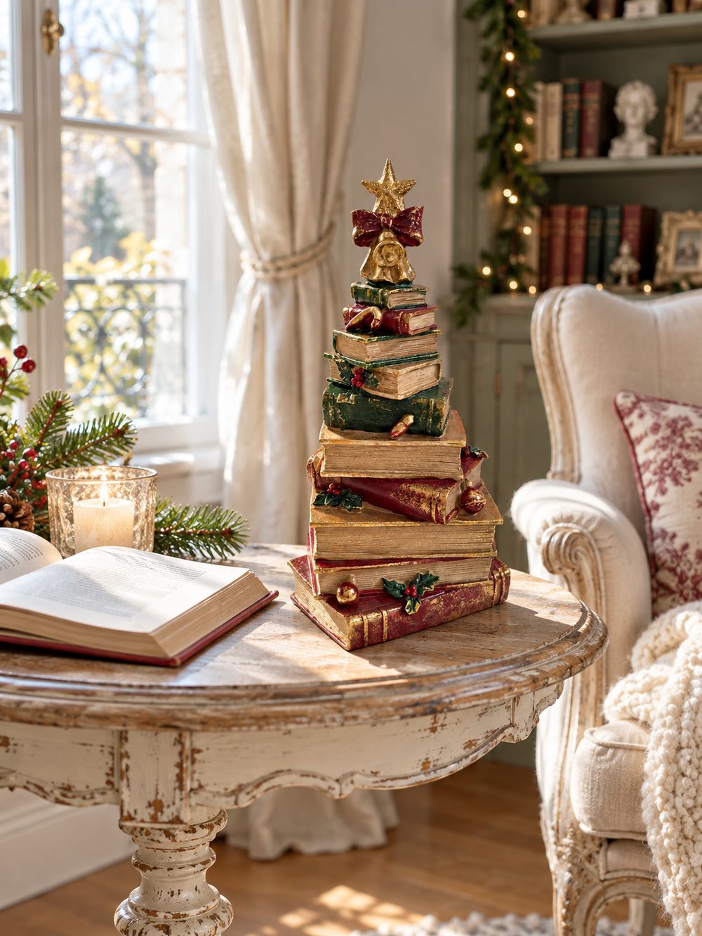 Figurine sapin de Noël composée de livres empilés rouges, verts et dorés, surmontée d’une étoile, décoration vintage et féérique à poser.
