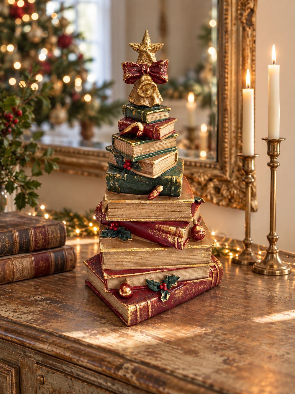 Figurine sapin de Noël composée de livres empilés rouges, verts et dorés, surmontée d’une étoile, décoration vintage et féérique à poser.