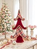 Grand sapin décoratif de Noël en tartan rouge et beige et tissu rouge avec finitions dorées, hauteur 60 cm