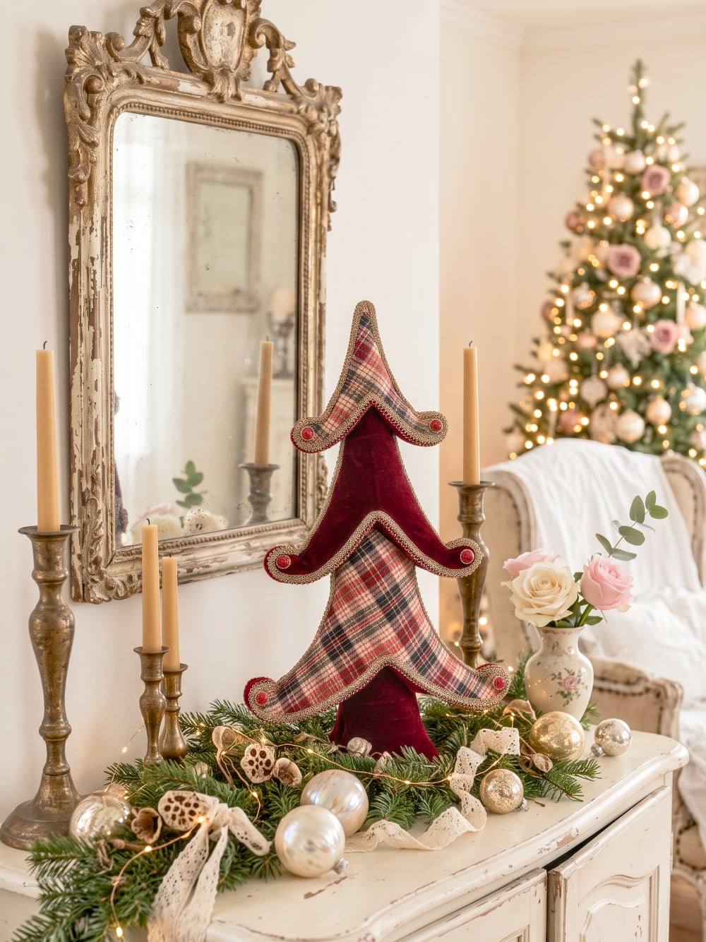 Grand sapin décoratif de Noël en tartan rouge et beige et tissu rouge avec finitions dorées, hauteur 60 cm