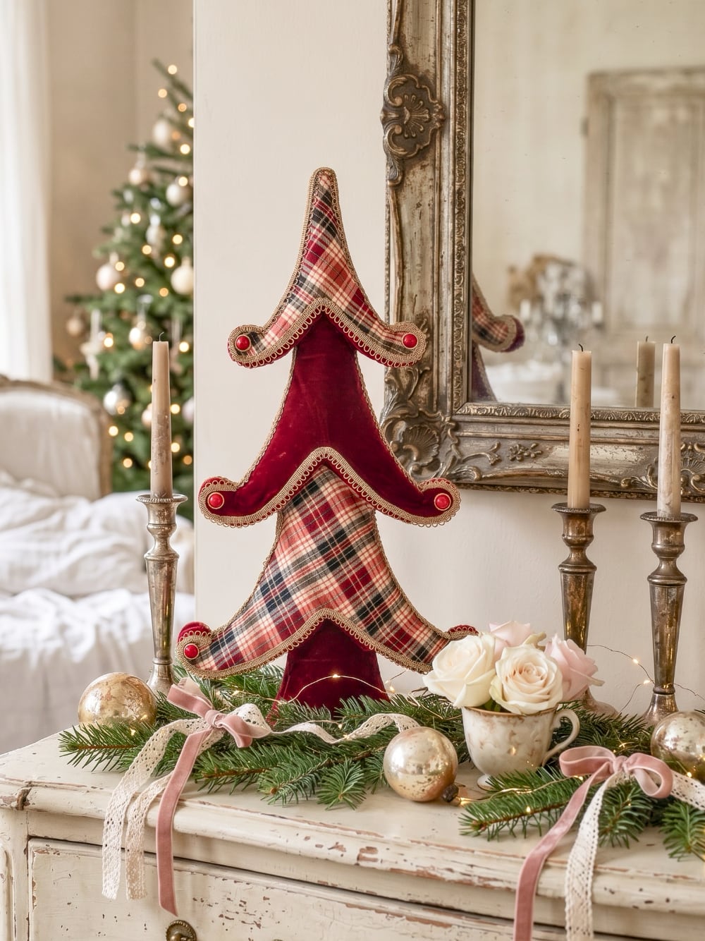 Grand sapin décoratif de Noël en tartan rouge et beige et tissu rouge avec finitions dorées, hauteur 60 cm