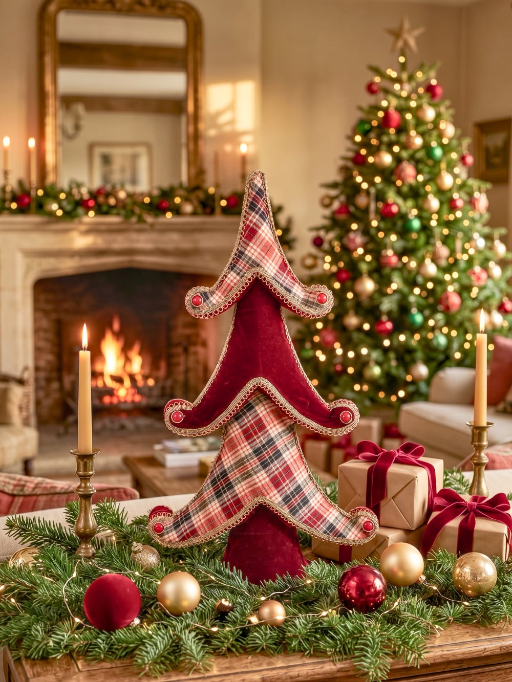 Grand sapin décoratif de Noël en tartan rouge et beige et tissu rouge avec finitions dorées, hauteur 60 cm