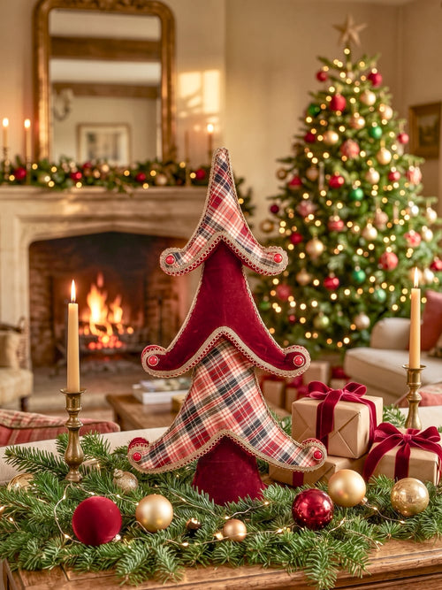 Grand sapin décoratif de Noël en tartan rouge et beige et tissu rouge avec finitions dorées, hauteur 60 cm