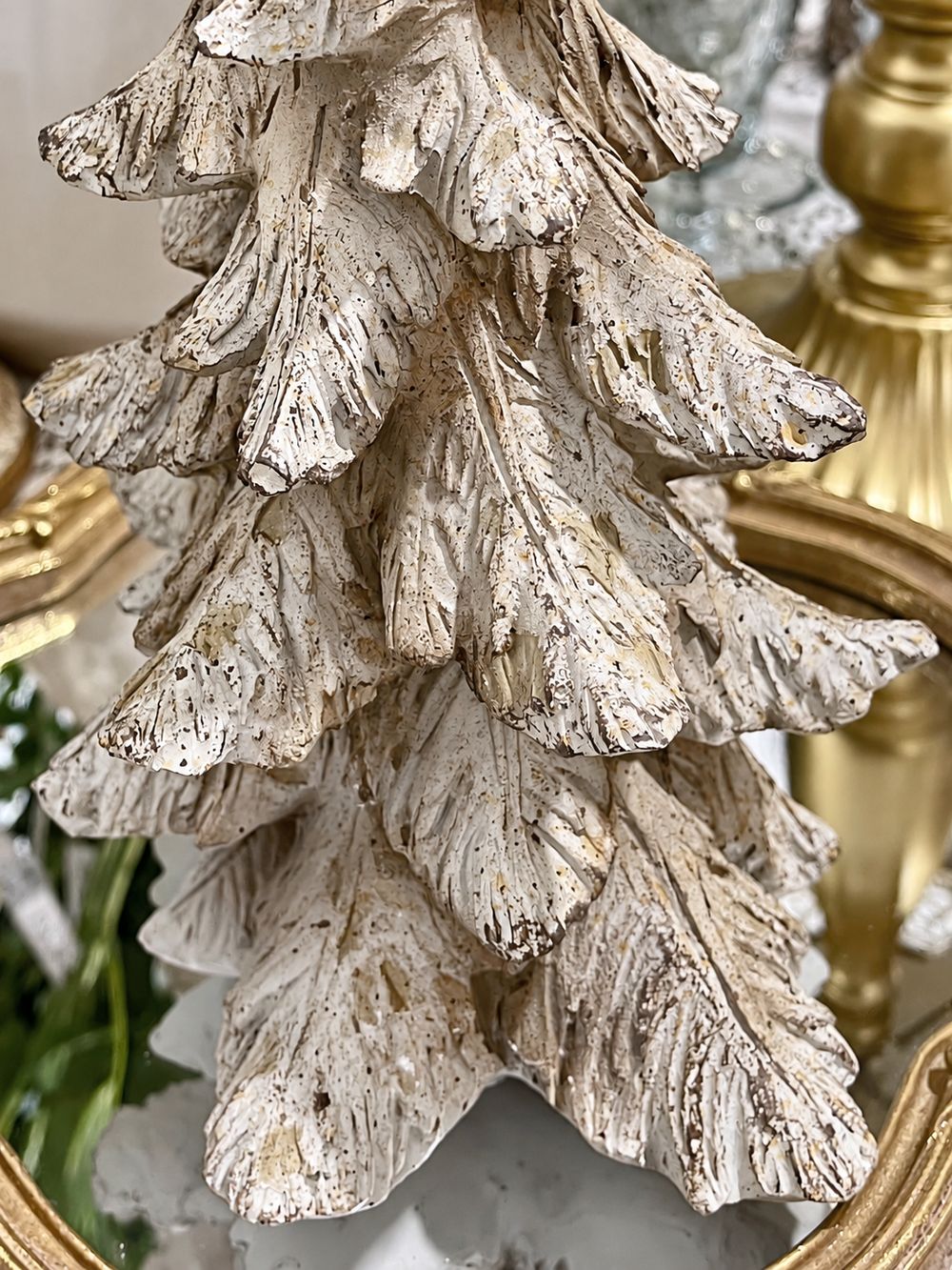 Détail des branches et de la texture boisée à patine blanche du Sapin Roi des Neiges.
