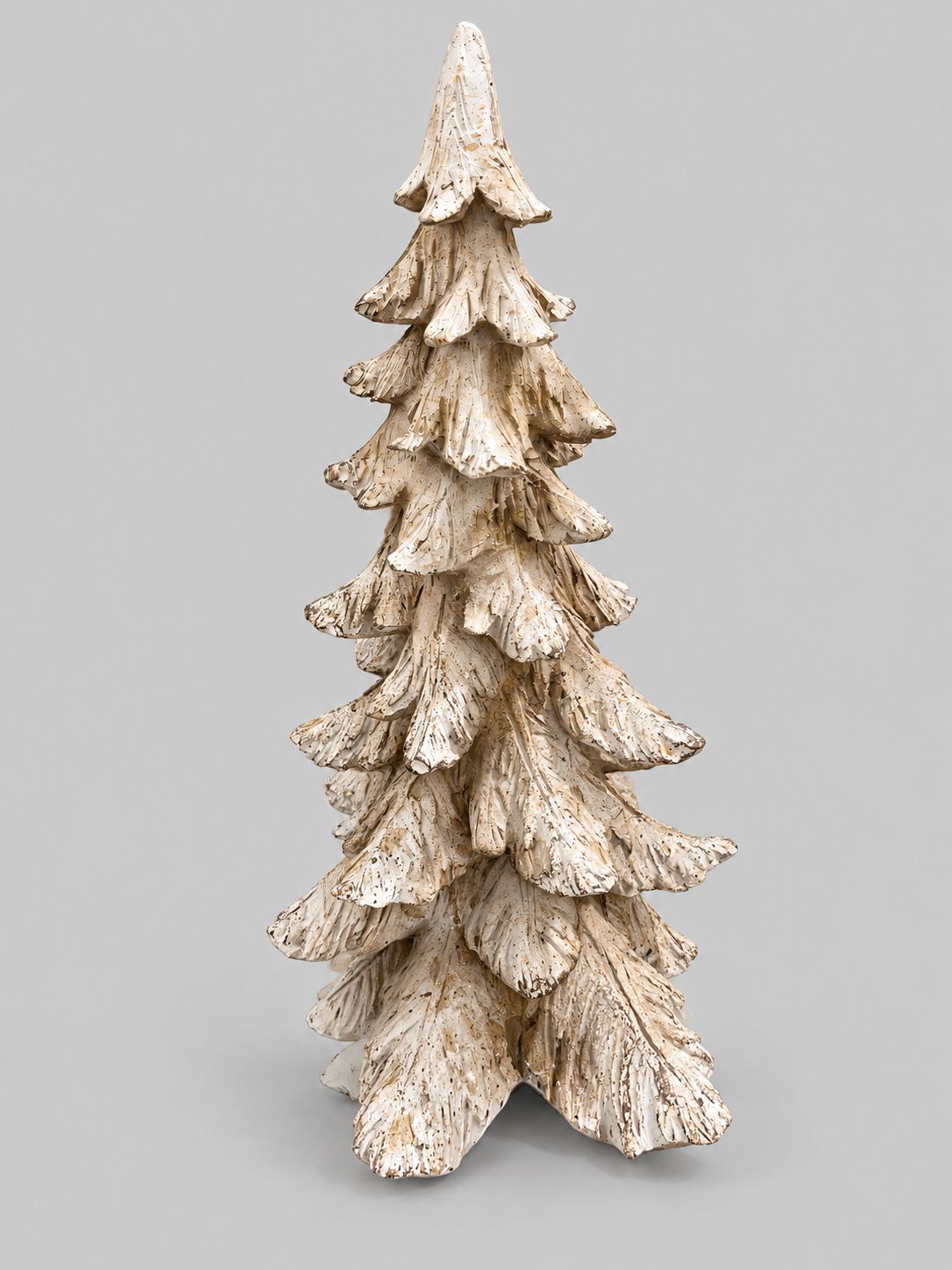 Sapin Roi des Neiges en résine à patine blanche et texture boisée, présenté sur fond gris clair.