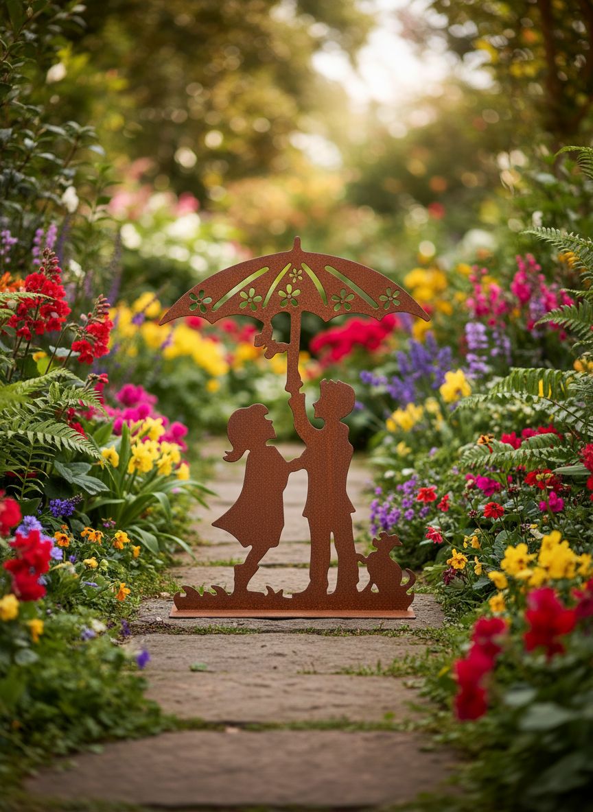 Silhouette décorative en fer forgé rouille représentant deux enfants sous une ombrelle avec un chien, posée sur une pelouse ensoleillée dans un jardin romantique.