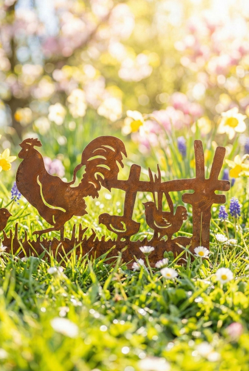 Silhouette décorative en fer forgé rouillé représentant une scène de basse-cour avec coq, poule et poussins, installée dans l’herbe d’un jardin champêtre