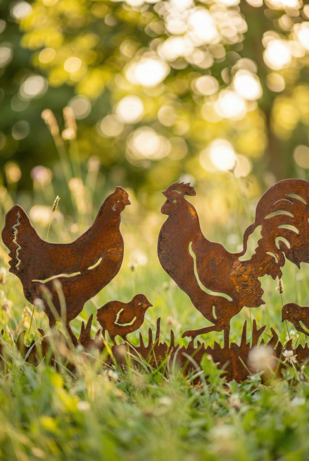 Silhouette décorative en fer forgé rouillé représentant une scène de basse-cour avec coq, poule et poussins, installée dans l’herbe d’un jardin champêtre
