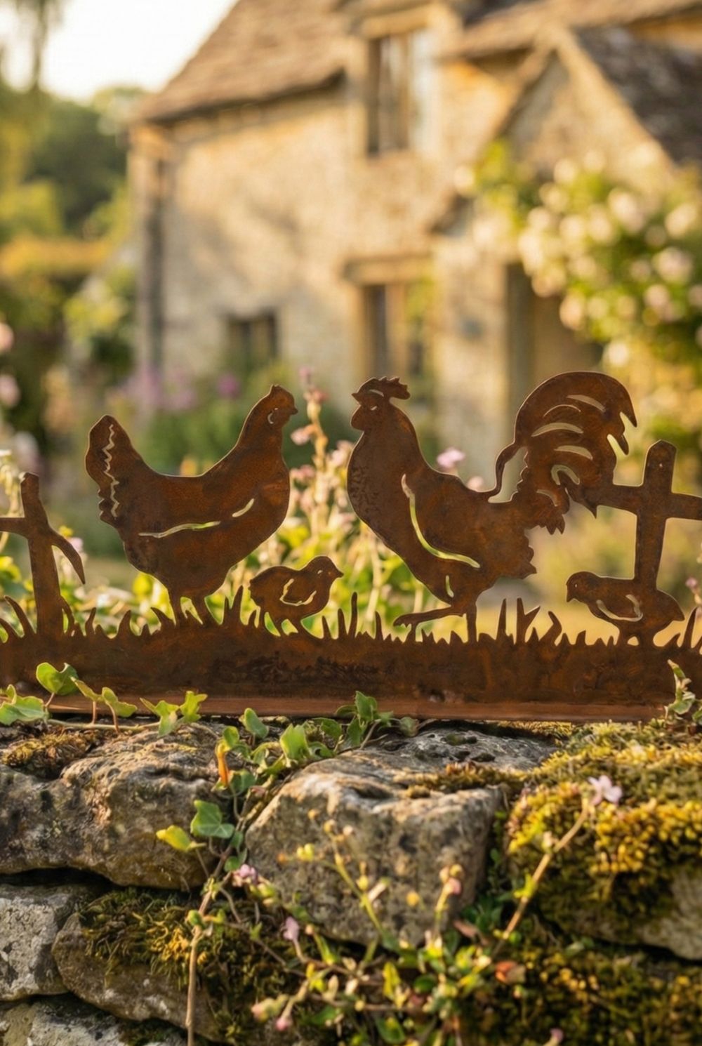 Silhouette décorative en fer forgé rouillé représentant une scène de basse-cour avec coq, poule et poussins, installée dans l’herbe d’un jardin champêtre