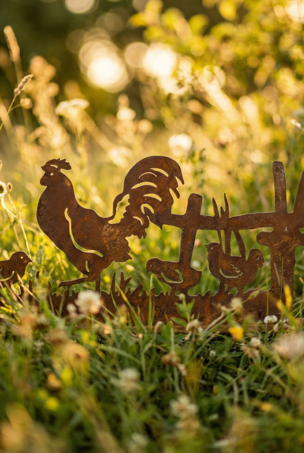 Silhouette décorative en fer forgé rouillé représentant une scène de basse-cour avec coq, poule et poussins, installée dans l’herbe d’un jardin champêtre