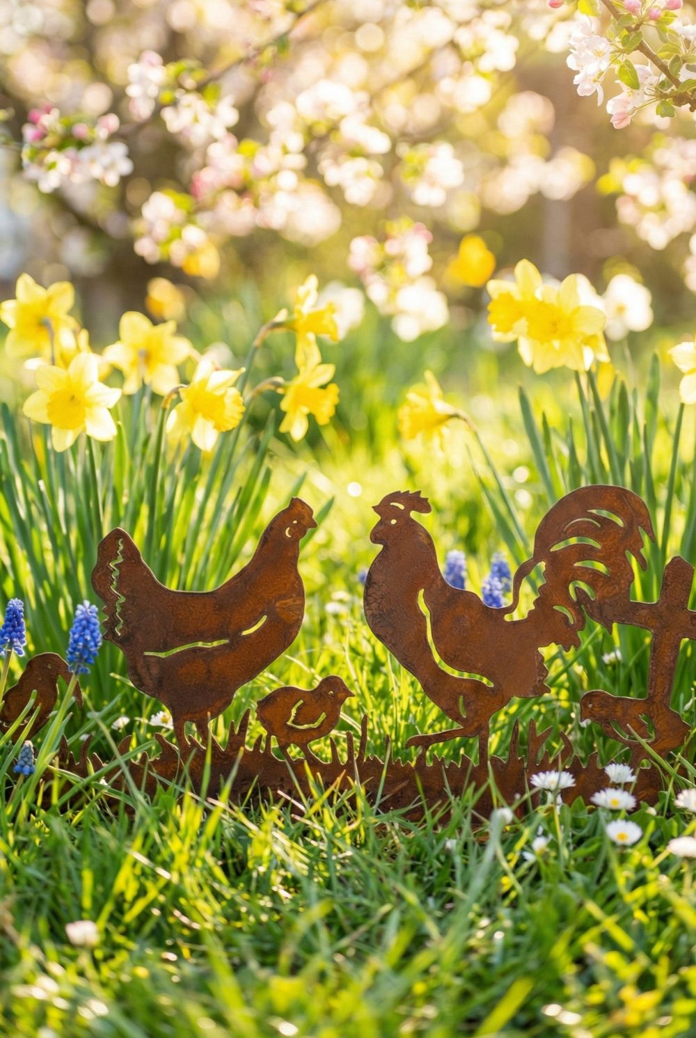 Silhouette décorative en fer forgé rouillé représentant une scène de basse-cour avec coq, poule et poussins, installée dans l’herbe d’un jardin champêtre