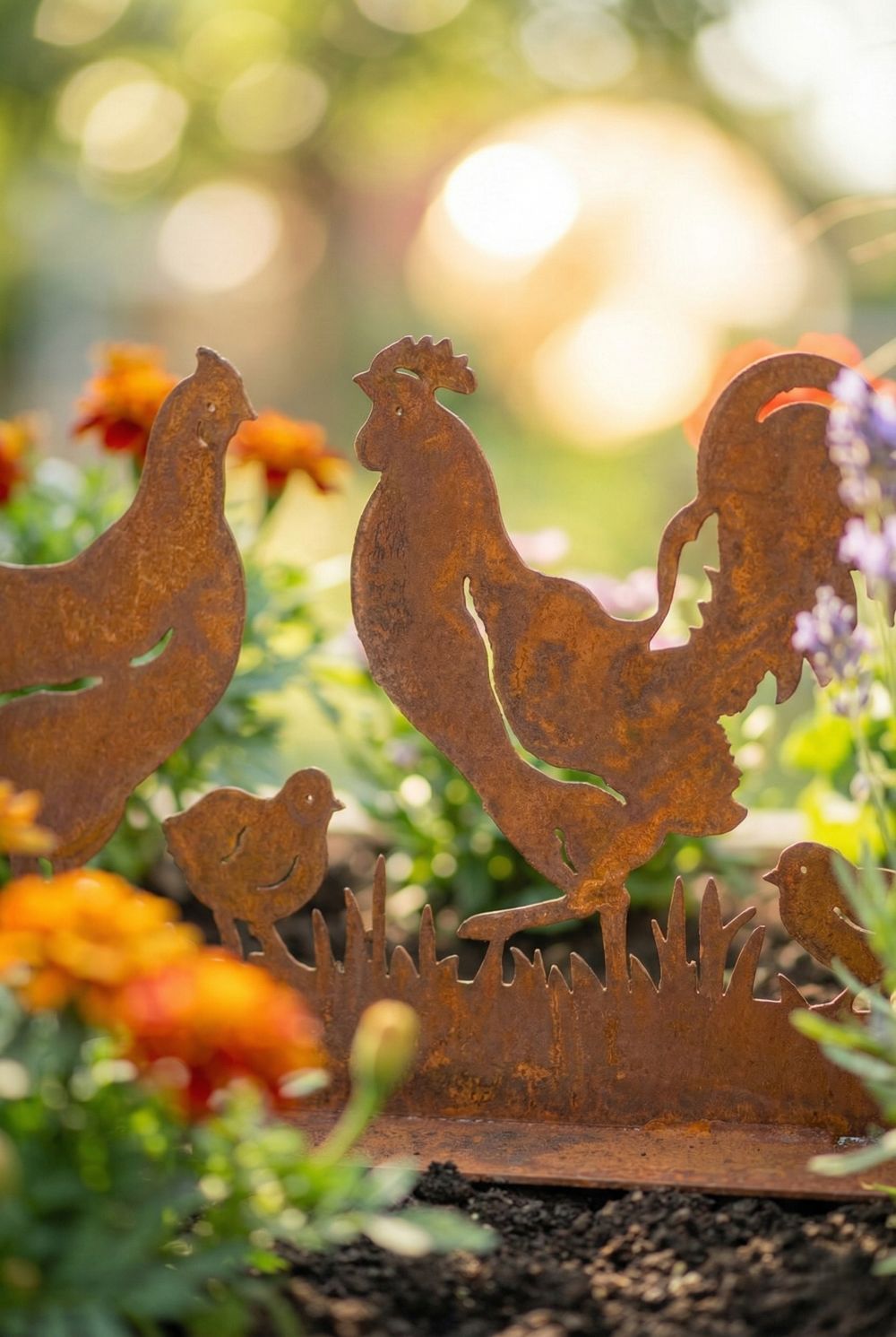 Silhouette décorative en fer forgé rouillé représentant une scène de basse-cour avec coq, poule et poussins, installée dans l’herbe d’un jardin champêtre