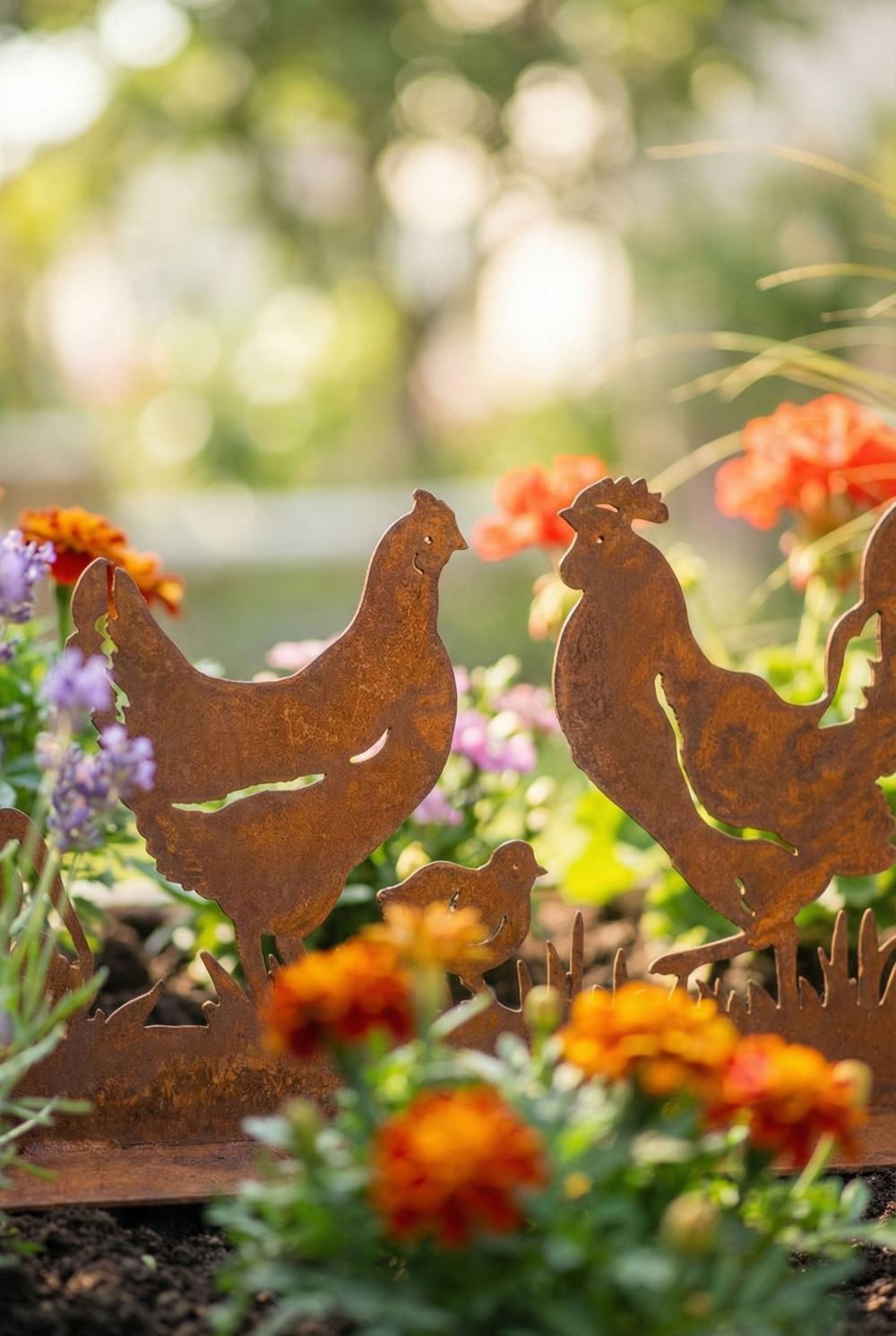 Silhouette décorative en fer forgé rouillé représentant une scène de basse-cour avec coq, poule et poussins, installée dans l’herbe d’un jardin champêtre